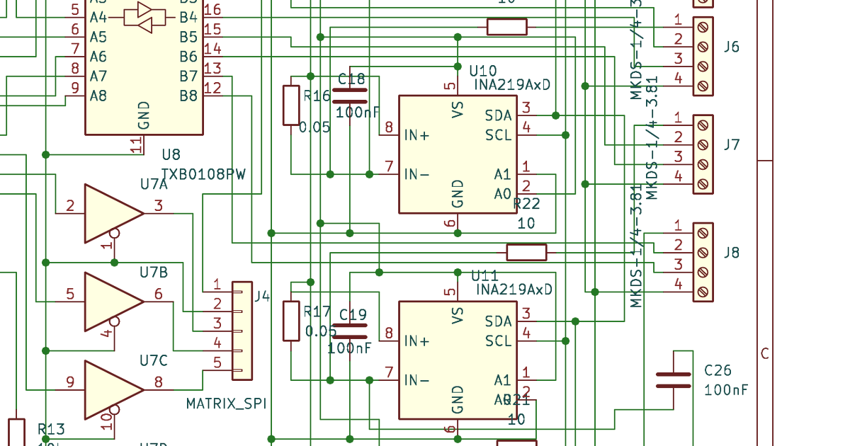 INA219 per-channel current sensing schematic — four channels on a single I2C bus